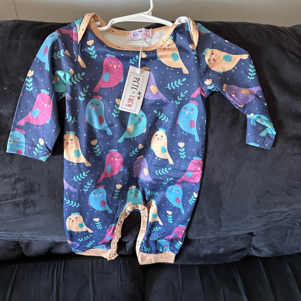 Pete and Lucy Navy and Pink Bird Print Kids Footie